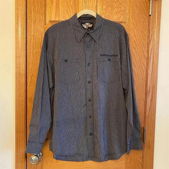 Harley-Davidson Men's L Black Striped Long Sleeve Button-Up Shirt Logo - Picture 1 of 5